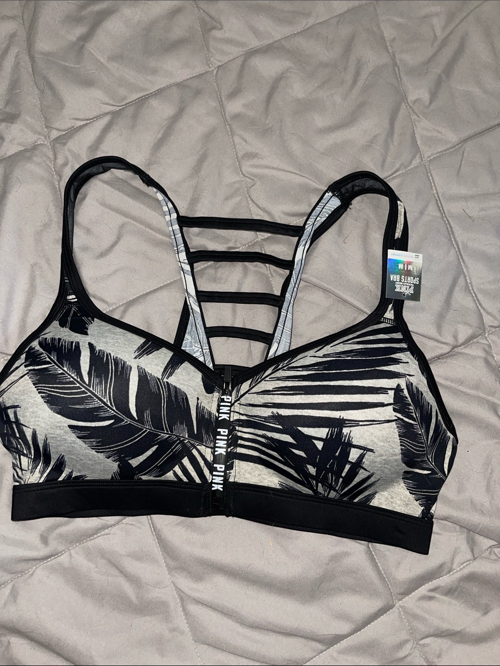PINK Victoria's Secret Tropical Palm Print Zip Front Sports Bra Strappy Back Med